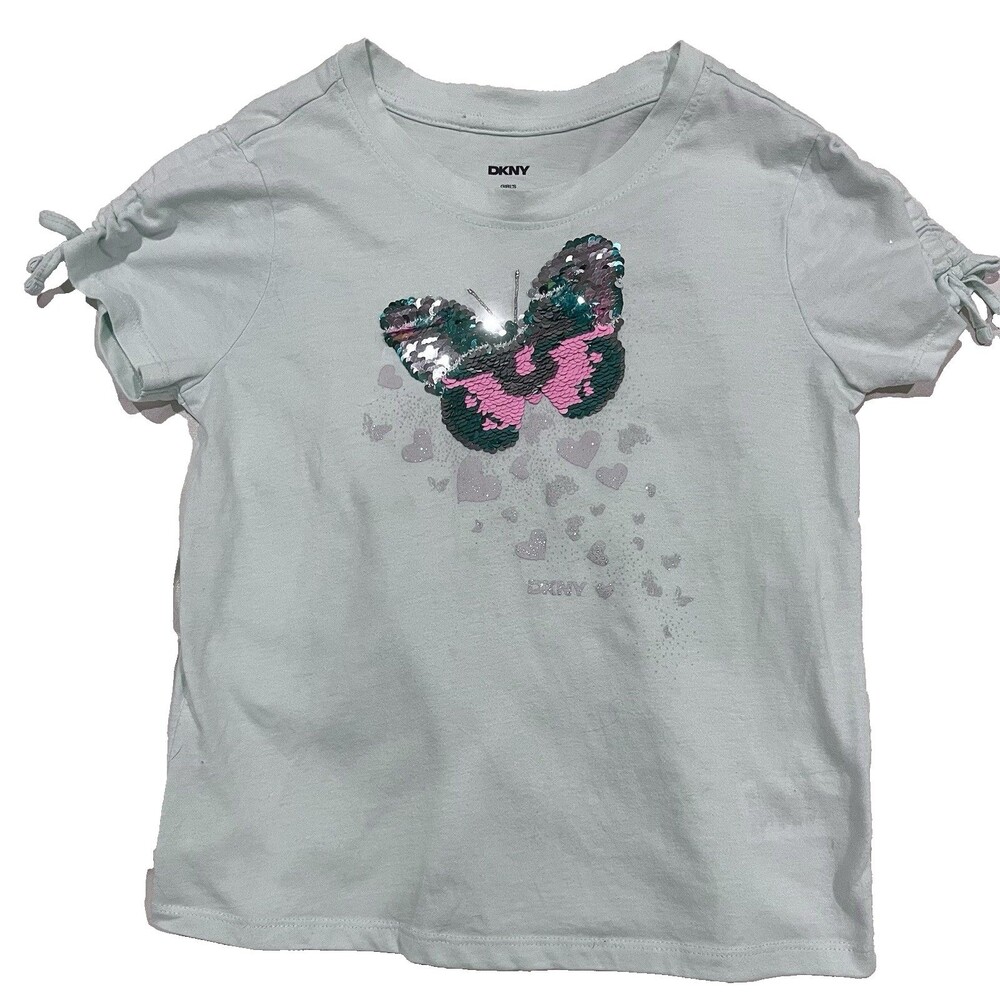 Girls’ L (12) DKNY Aqua Green Tee Shirt Flip Sequins Butterflies Glitter Hearts